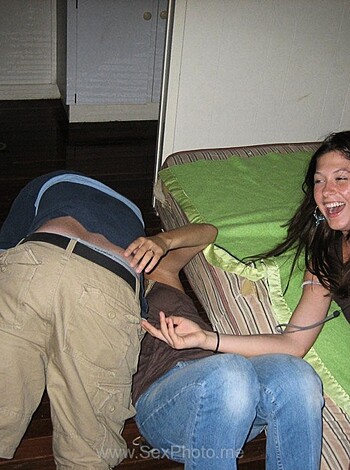 The two broads giggling and gawking at some dude's ass while he obliviously walks away.