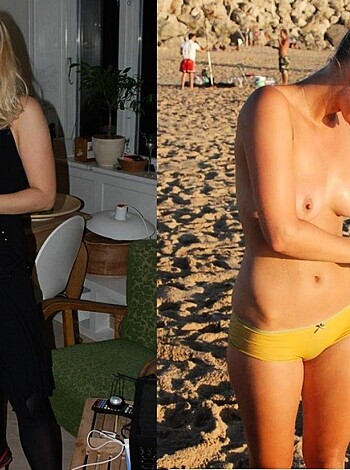 This broad in a yellow bikini is basking on the sandy shore.
