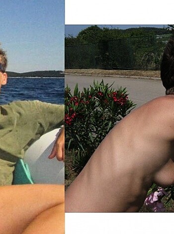 "A shirtless fella is blowin' some bubblegum for a nude lady; they both got chest hair."