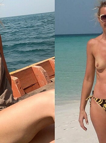 "A chick, with tits hanging out of her bikini top, is lying on a towel in the sand. Her face is obscured by sunglasses, but she's got a serious case of beach-body bliss going on."