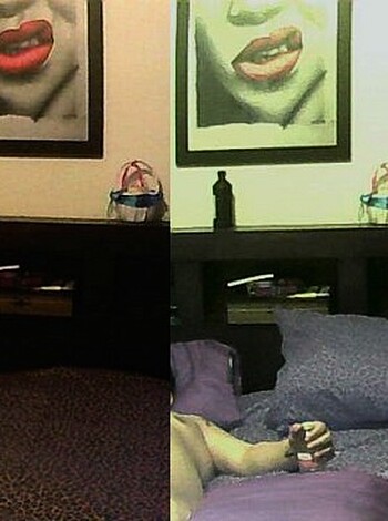 Vulgar and factual description of the image: "Watch this fucking hot bitch posing her ass off in her goddamn house, showing her tits and pussy."