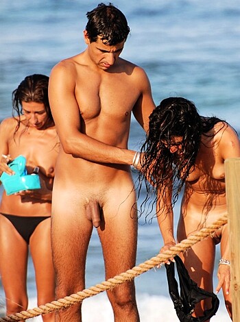 "Three nude asses on a sandy shore, with a dude."
