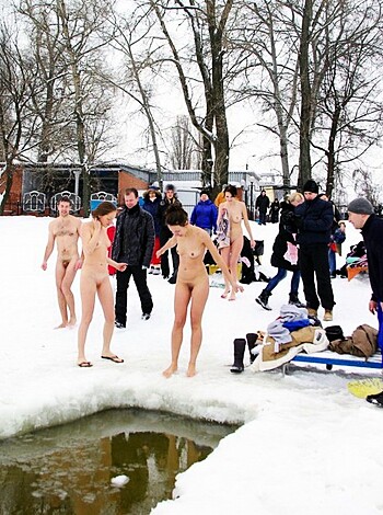 Vulgar Description: 
"A bunch of fucking nude assholes posing in front of an ice-cold frozen pond, like goddamn retards."