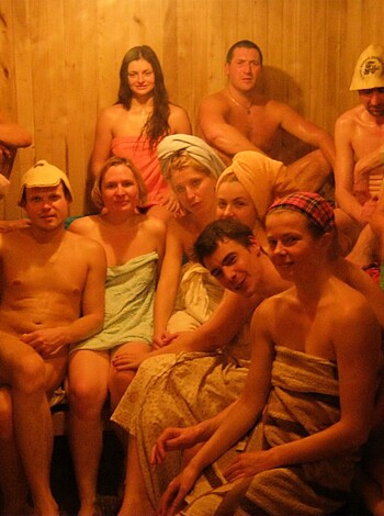A fuckin' sauna full of nude bitches and cocks.