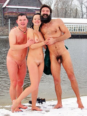 "Three ass-naked fuckers taking a piss in some lake."