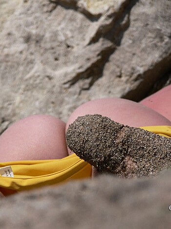 A fucking adorable baby lying on its back with rocks and shit surrounding it.