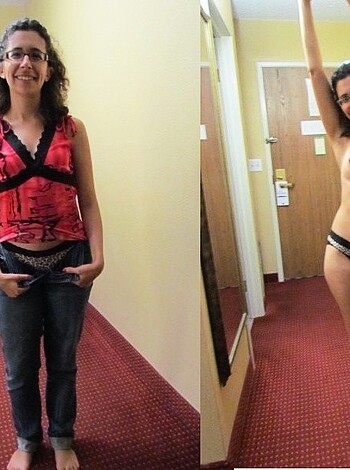 "Full-clothed chick snaps her boobs at the camera while naked friend strikes a pose."