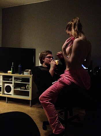"Bare-assed bitch on sofa."