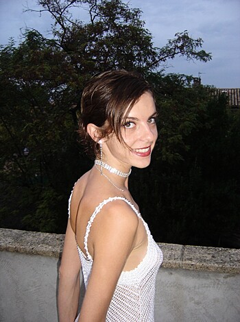 "Check out this hot bitch in her tight-ass white dress with her fat tits and juicy pussy all exposed."