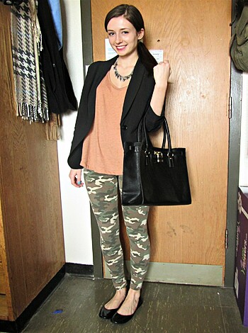 """
Bitch in military patterned yoga pants and a shitty suit jacket.
"""