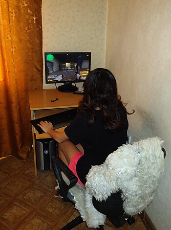 """
Bitch banging away on keyboard while dog fuckin' sniffs shit around her. 
"""