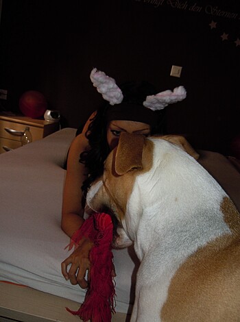 The fucking bunny is holding onto the ears with her hands as she smiles down on a goddamn dog who's looking up at her like a stupid cunt.