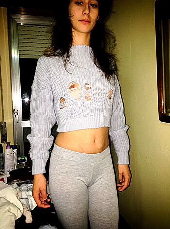 "This bitch's got a tight ass, showin' off her tits with that shitty sweater. And them fucking leggings ain't nothin' but grey pantyhose."